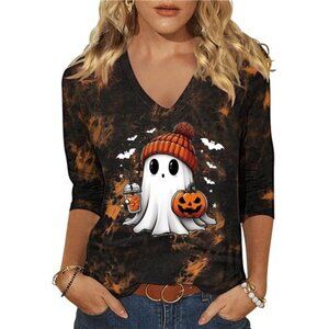 Womens Halloween 3/4 Sleeve V Neck